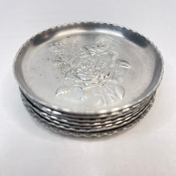 Vintage 7pc Aluminum Beverage Drink Coasters Country Farmhouse Pressed Floral - Picture 6 of 6